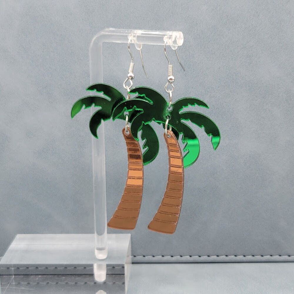 Acrylic green and brown metallic palm tree earrings